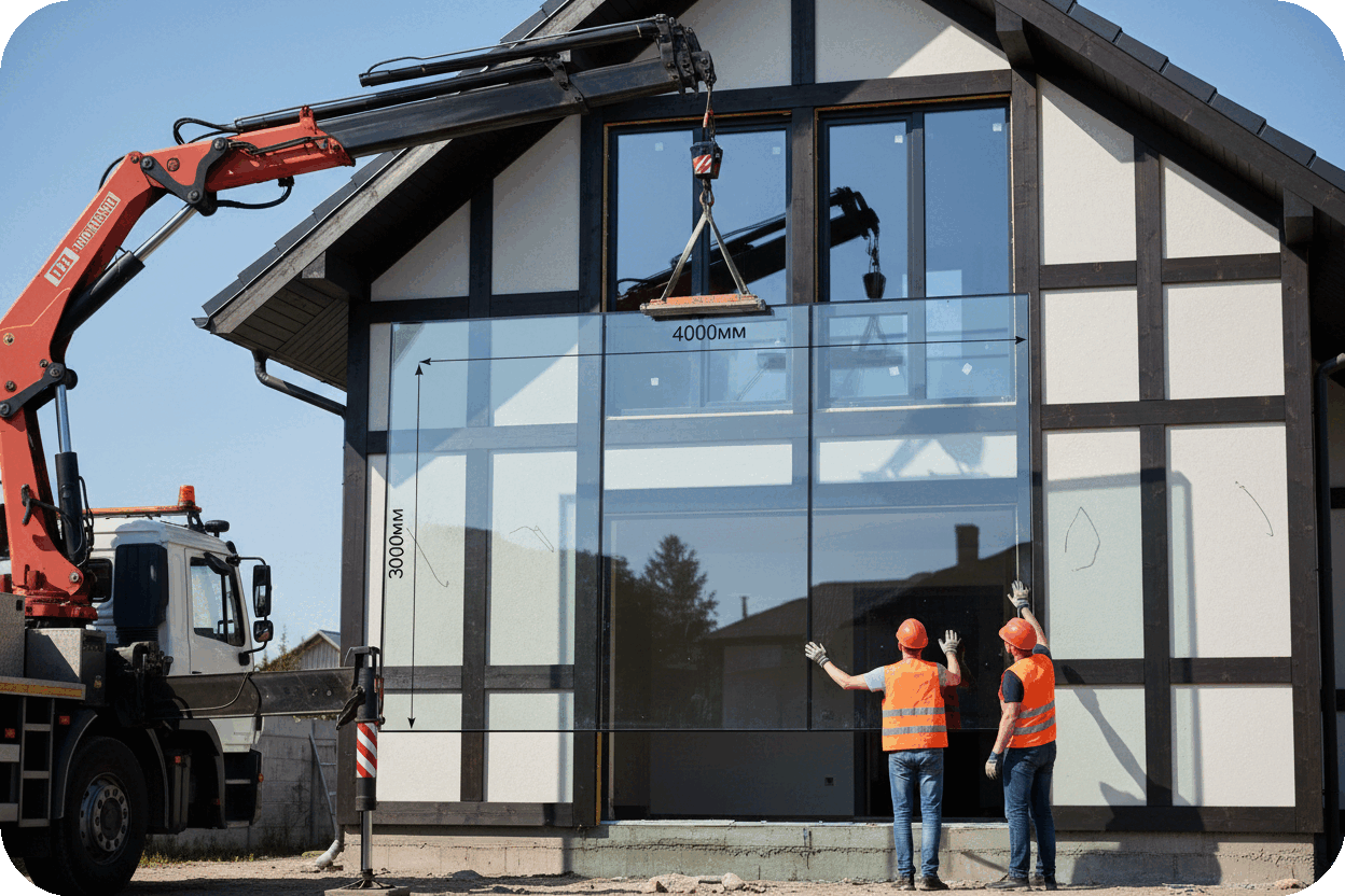 Подъем стеклопакета манипулятором Подъем стеклопакета манипулятором